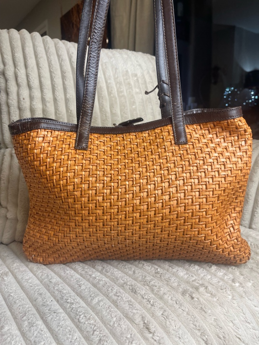 Alfredo Picchi Woven Straw Leather Tote Bag Italian Designer Brown Handles Purse - Picture 5 of 6